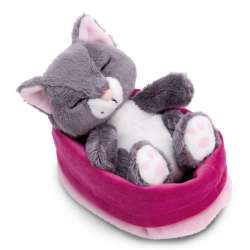 Maskotka szary kot 12cm śpiący w koszyku, bordowo-różowy GREEN (NICI 49746)