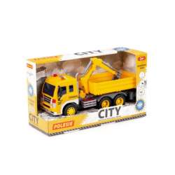 Polesie 95992 "City", samochód burtowy z koparką inercyjny, ze światłem i dźwiękiem, żółty w pudełku (95992 POLESIE)
