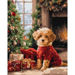 Malowanie po numerach - Pudel przy choince 40x50cm
