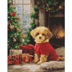 Diamentowa mozaika - Pudel przy choince 40x50cm