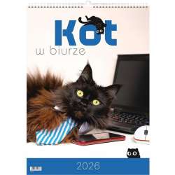 Kalendarz 2026 wieloplanszowy kot w biurze