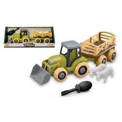 Traktor rolniczy z przyczepą i figurkami zwierząt