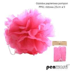 Ozdoba papierowa pompon różowa 25cm 3szt - 1