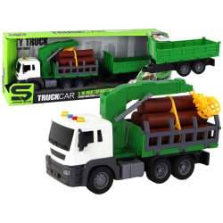 Ciężarówka Z Dźwigiem Przyczepą Napęd Frykcyjny Dźwięki Zielona Drewno 1:16 Lean Toys (16617)