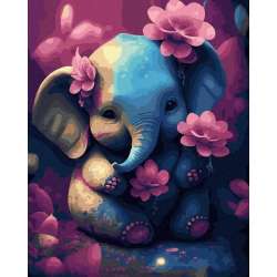 Malowanie po numerach - Słoń z kwiatami 40x50 cm