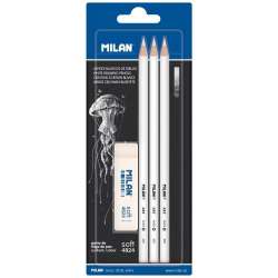 Ołówek biały węgiel 3szt + gumka MILAN