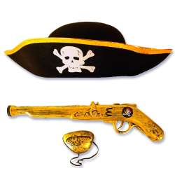 Zestaw pirata -kapelusz filcowy, pistolet, opaska (78386) - 2
