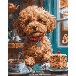 Malowanie po numerach - Maltipoo w kawiarni 40x50