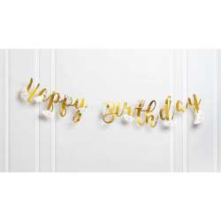 Baner Happy Birthday z kwiatami złoty - 1